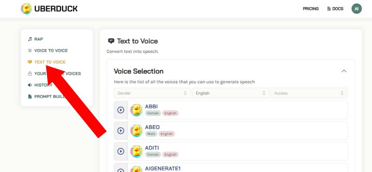 "A screenshot of the UBERDUCK website interface showing the text to voice conversion option"