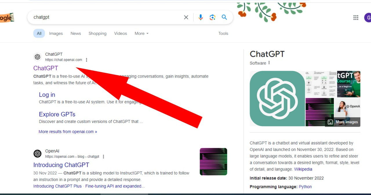 “Screenshot of Google search results for ‘ChatGPT’ with an emphasis on the knowledge panel detailing ChatGPT’s description and features.”