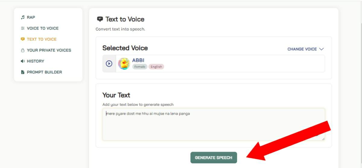 A screenshot of Uberduck’s user interface focusing on the text-to-voice conversion feature, relevant to the topic “ai voice kya hai”.