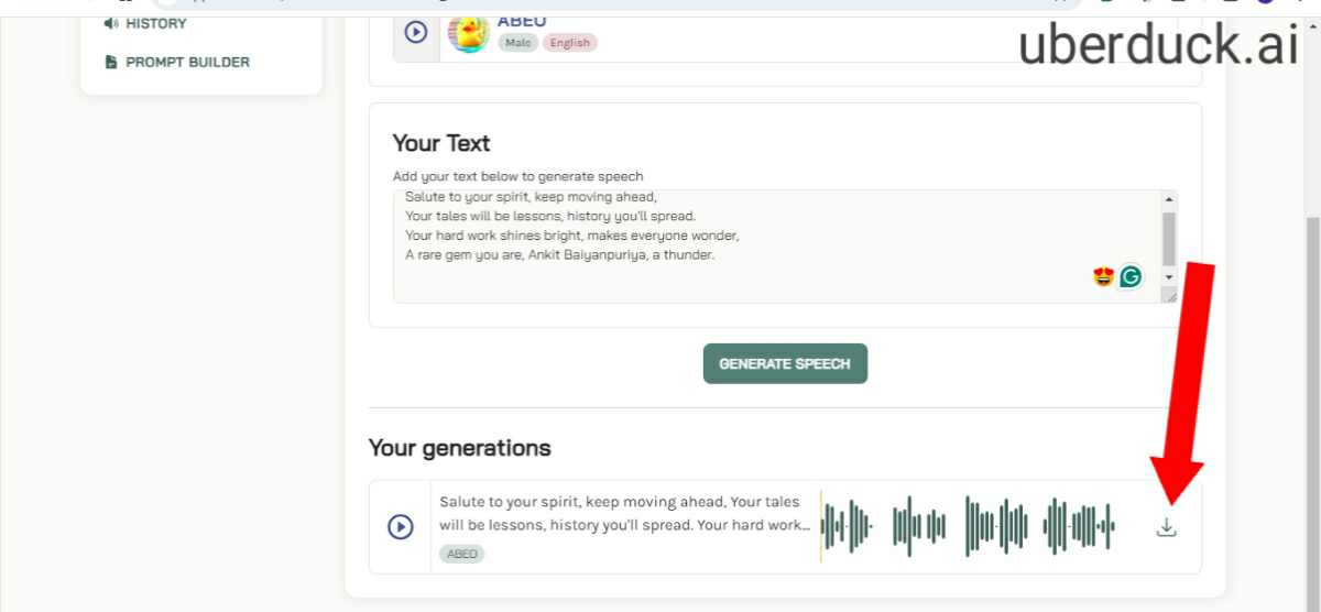 A screenshot of Uberduck’s user interface focusing on the text-to-voice conversion feature, relevant to the topic “ai voice kya hai”.