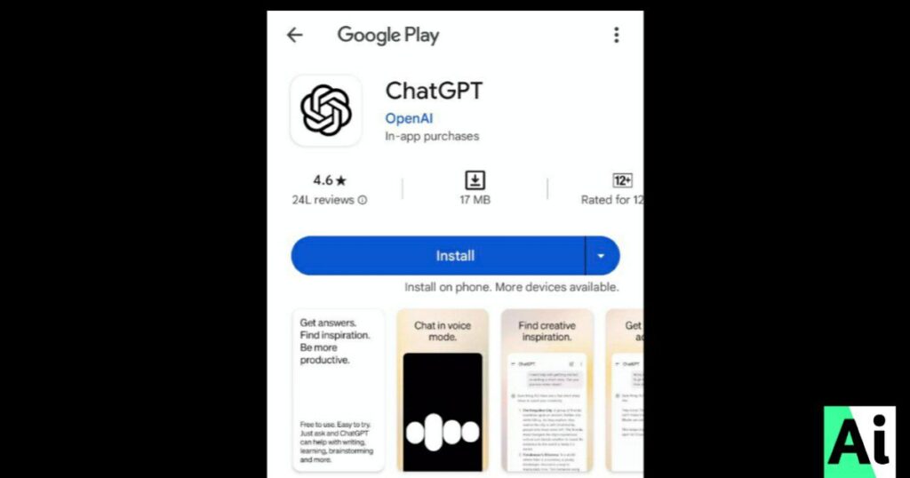 ChatGPT on Google Play Store showing user ratings, size, and install button