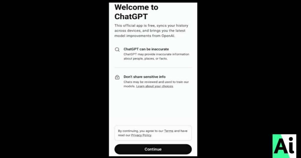 ChatGPT app’s welcome screen highlighting features and user privacy.


