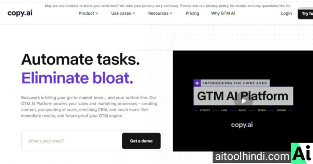 Screenshot of copy.ai’s homepage featuring their GTM AI Platform for automating marketing tasks.