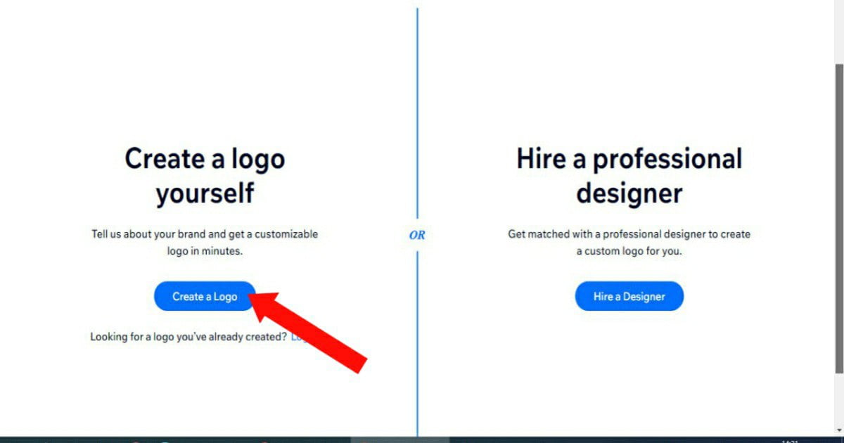 Split-screen interface offering options to ‘Create a Logo’ yourself or ‘Hire Designer’ for custom logos on WIX Logo Maker