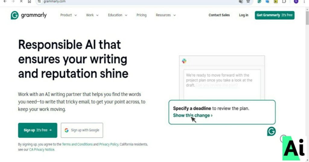 Grammarly’s AI writing assistant interface offering suggestions to improve writing quality.
