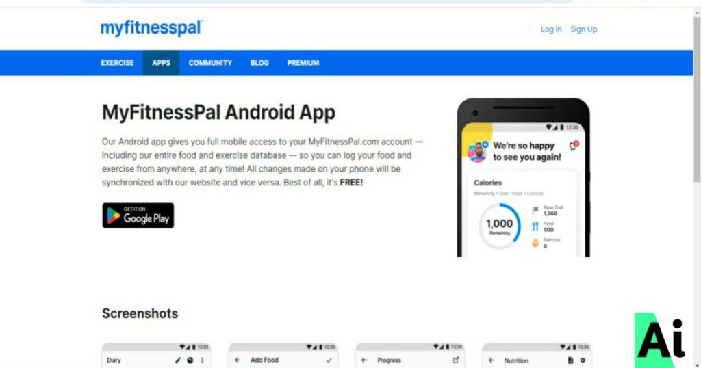 Download page for MyFitnessPal Android App showing features and smartphone interface