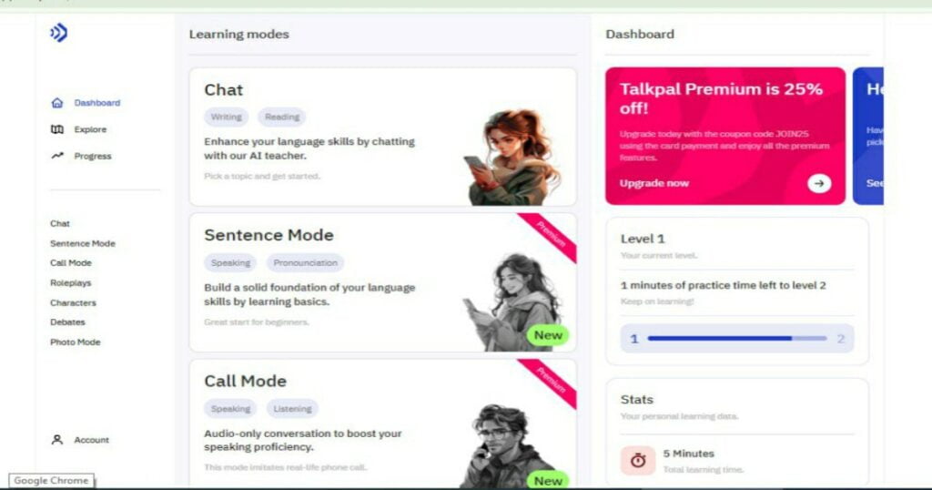 Talkpal AI modes for learning English including Chat, Sentence Mode, Call Mode, Roleplays, Characters, Debates, and Photo Mode