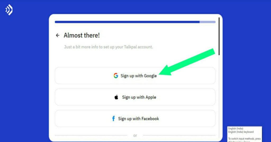 Screenshot of Talkpal AI signup page showing options to sign up with Google or by entering email and other details.