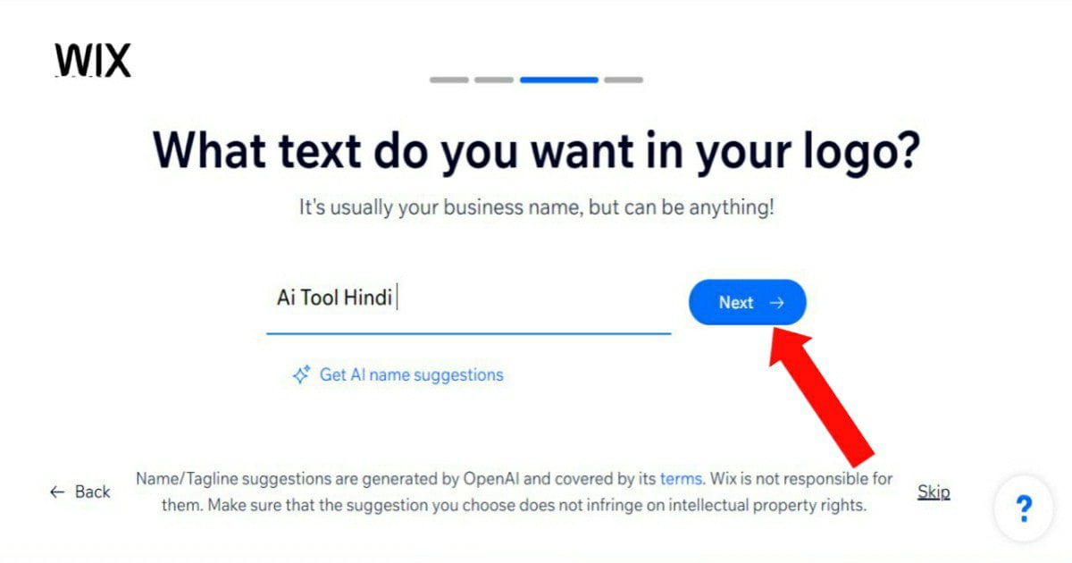 Screenshot of WIX logo creation page with filled text field ‘Ai Tool Hindi’ and arrow pointing at ‘Next’ button.