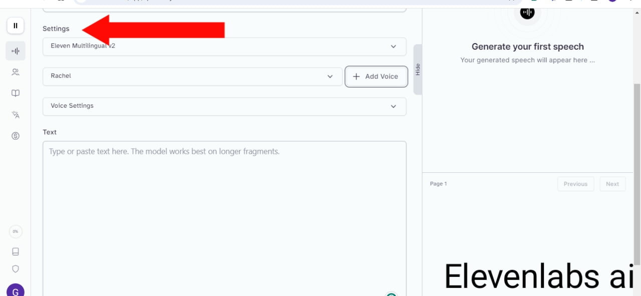 “Elevenlabs AI audio creation tool interface with settings and text input area.”