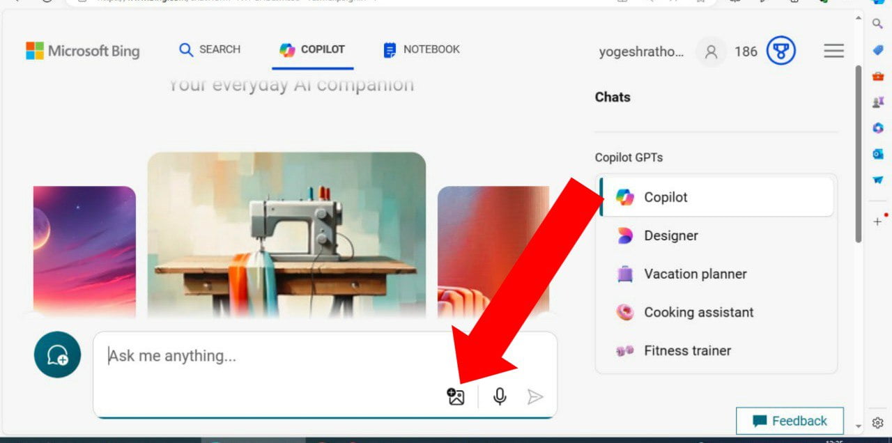 “Screenshot of Copilot AI interface with camera button for image-based queries”