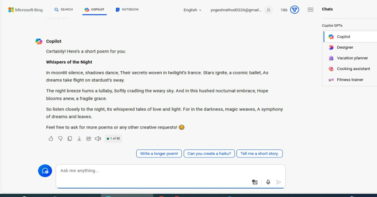 “Screenshot of Copilot AI generating poetry on Microsoft Bing interface”