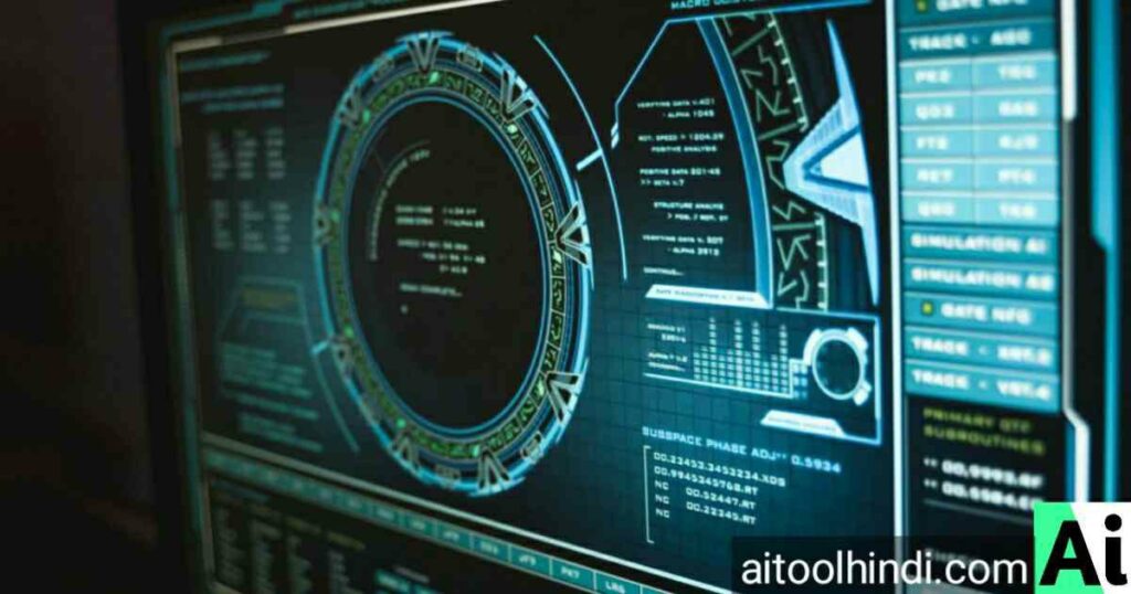 Close-up of a computer screen displaying advanced artificial intelligence software interface with coding and data analytics, illustrating how to build AI software.