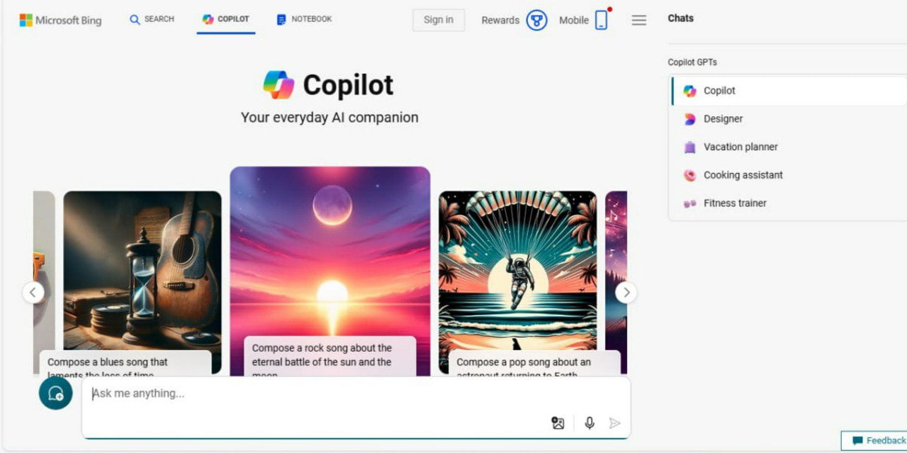 “Screenshot of Copilot AI interface showcasing features for composing songs with thematic illustrations"