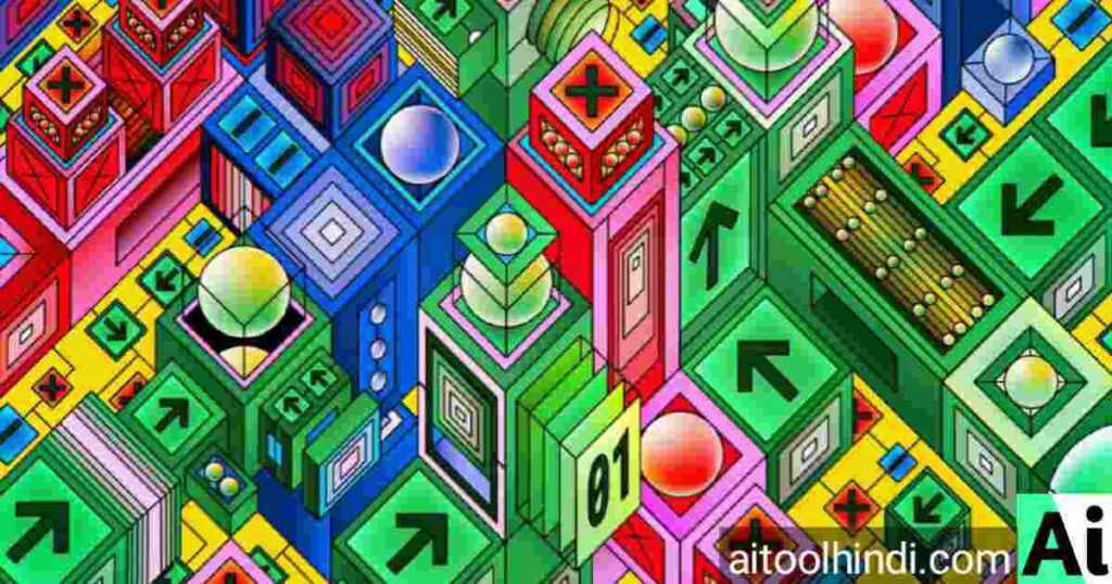 Abstract digital art representing various types of AI software components in a colorful geometric pattern.