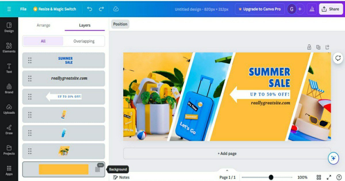 Online graphic design tool interface showcasing a vibrant summer sale advertisement with editing options on the sidebar.