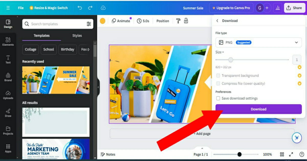 Screenshot highlighting the Download button in Canva with options to choose file formats like PNG, JPG, PDF, GIF