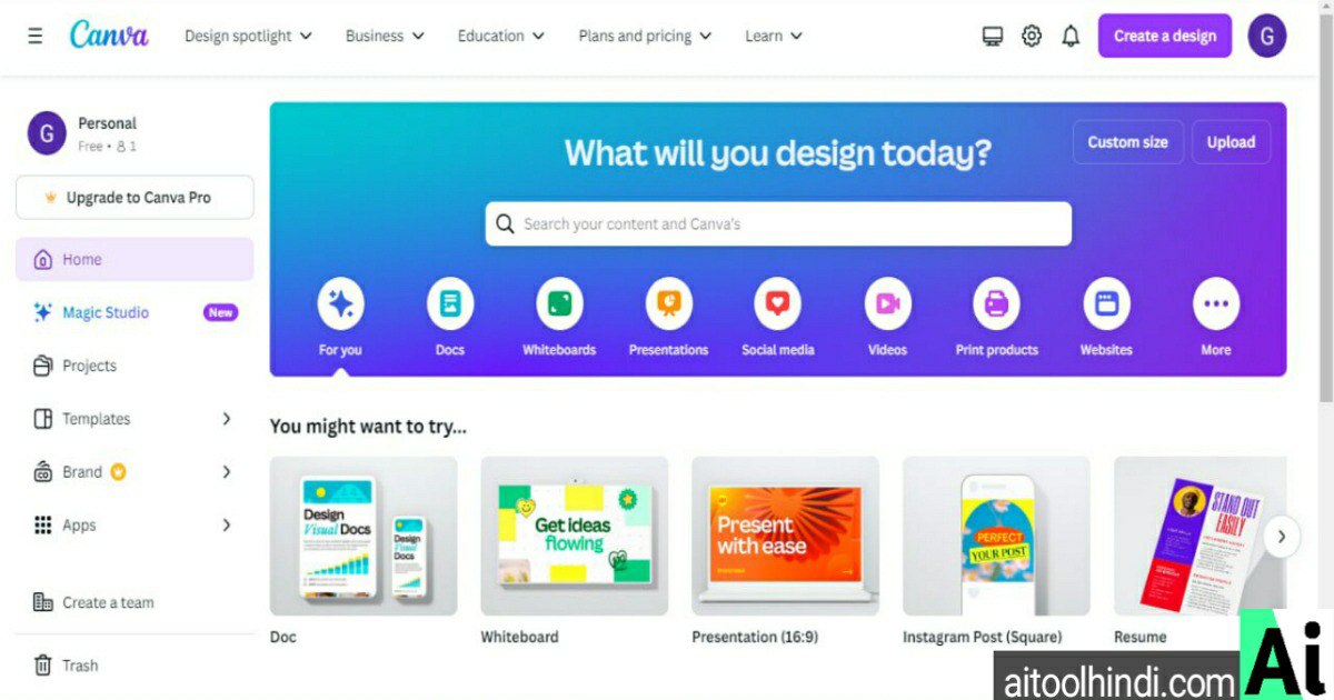 Screenshot of Canva’s homepage highlighting the ‘Create a design’ button with options for custom dimensions.