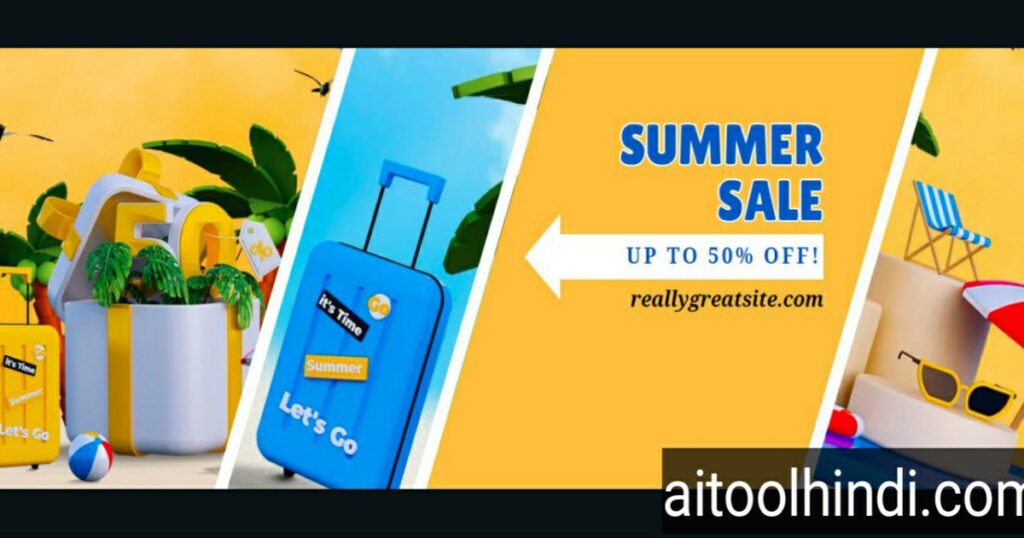 Summer sale advertisement banner created using an AI banner generator, featuring up to 50% off on products, showcasing a shopping cart and luggage with 'Summer' tag.

