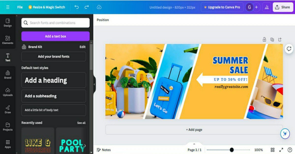 canva graphic design software with an open project displaying a colorful summer sale banner.