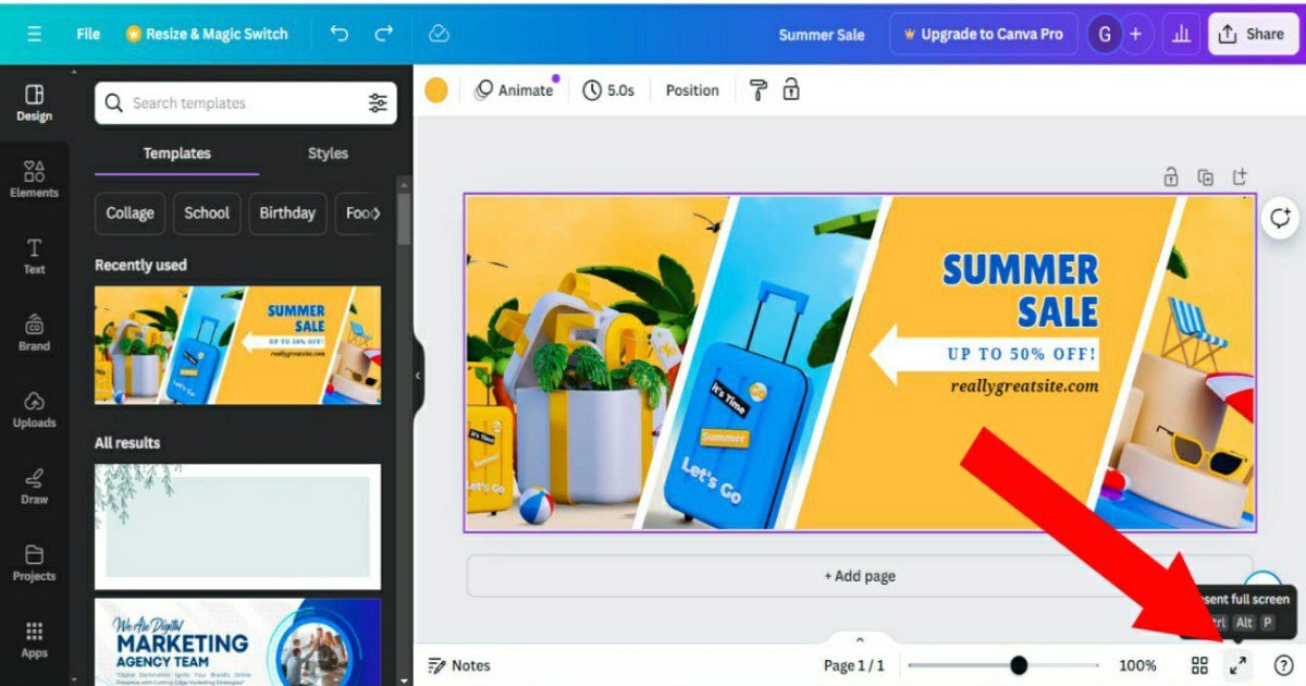 Preview your custom Summer Sale banner by clicking the double-ended arrow for full-screen view.