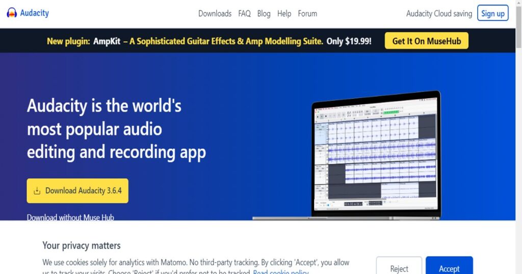 "Audacity website homepage featuring the tagline 'Audacity is the world's most popular audio editing and recording app' with a call-to-action button for downloading version 3.6.4. A laptop screen showing the Audacity software interface is displayed on the right side."