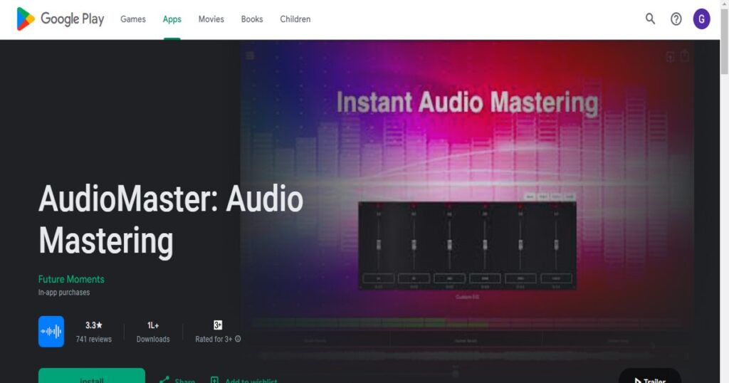 "AudioMaster app interface on Google Play, showcasing instant audio mastering with equalizer settings and an install button."