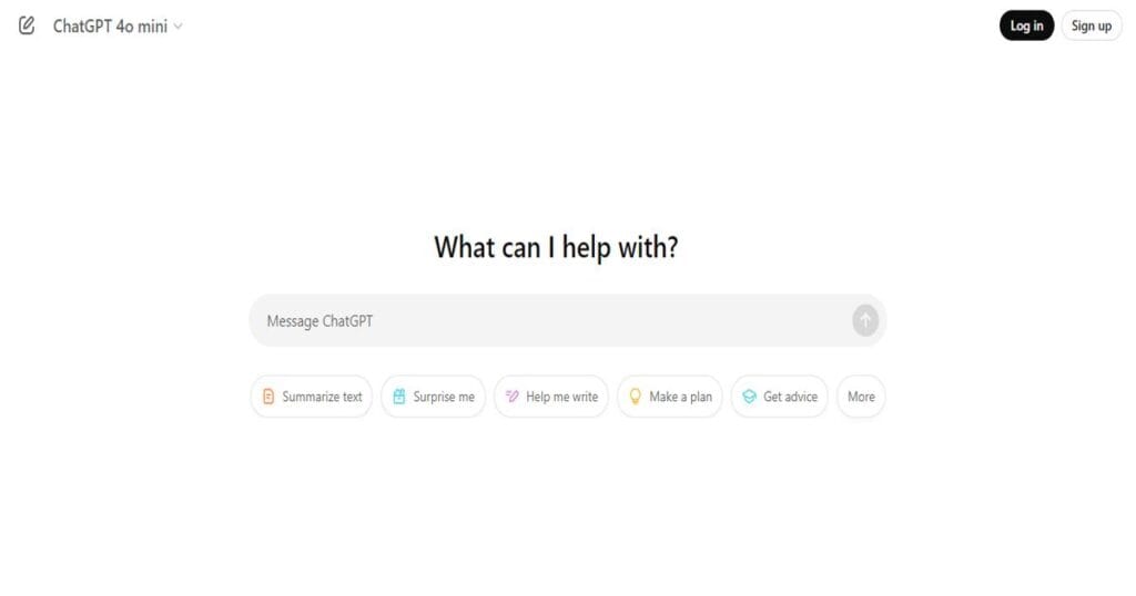 "ChatGPT homepage interface displaying a welcome message 'What can I help with?' with a search bar labeled 'Message ChatGPT' and action buttons such as 'Summarize text,' 'Surprise me,' 'Help me write,' 'Make a plan,' and 'Get advice.'"