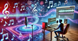 "Illustration showing the process of creating an AI-generated song using one's own voice, featuring a recording setup, computer interface, and futuristic music elements." ai se apni aawaz me song kaise banaye