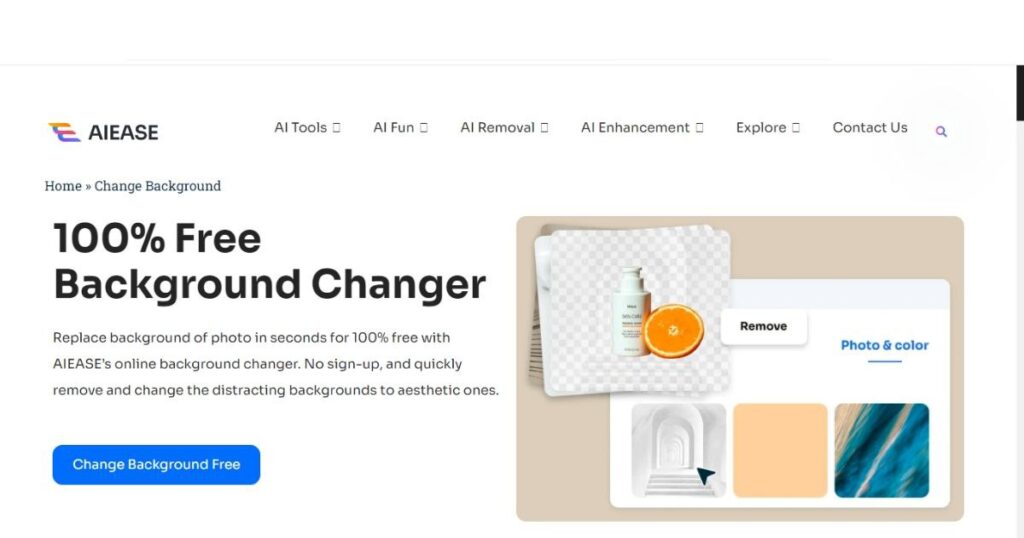 Screenshot of AI Ease Background Changer website interface showing upload and change background options