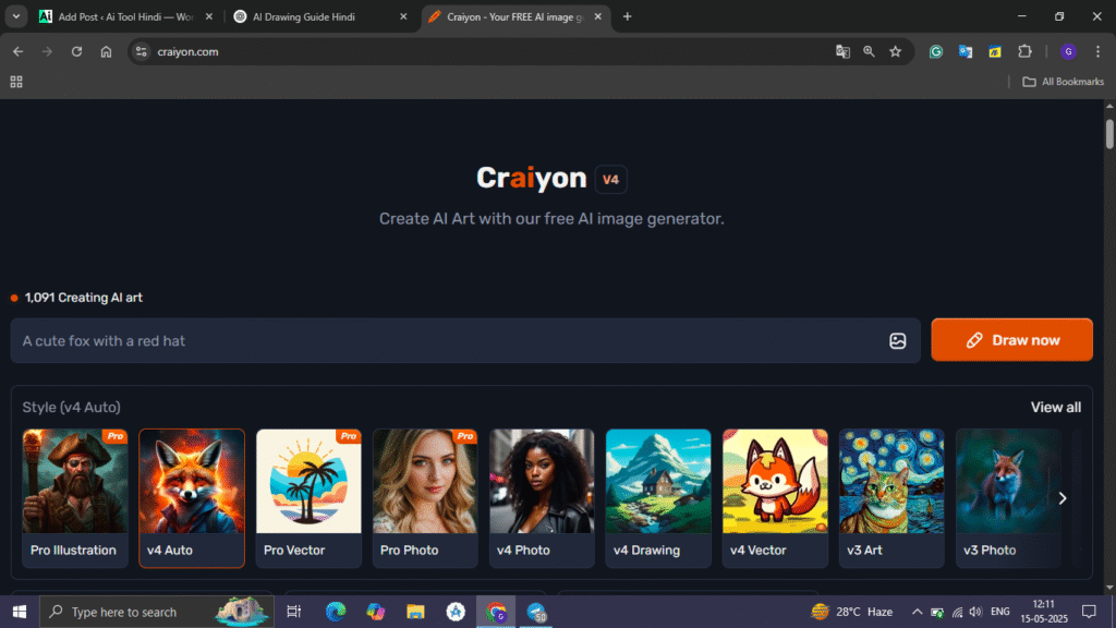 "Craiyon AI website interface showing AI art creation with prompt input and style options"