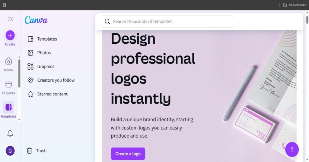 Canva AI logo maker interface for creating name logos instantly