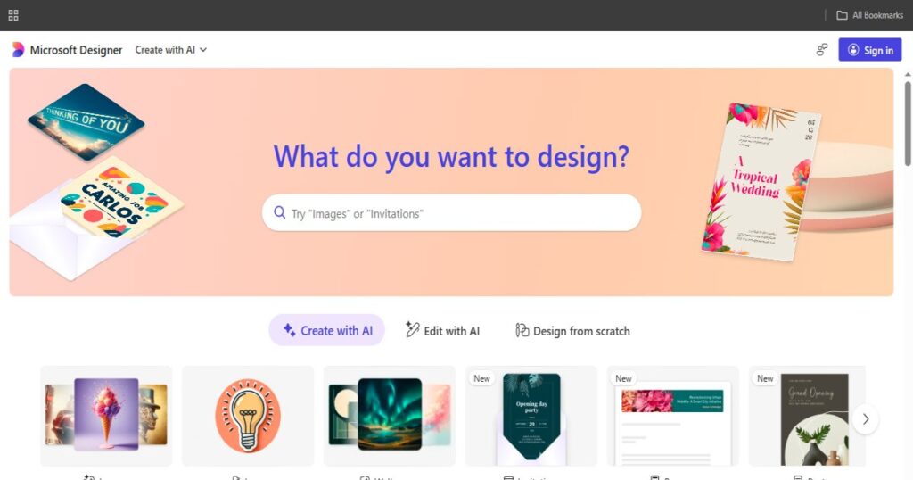 "Microsoft Designer website interface showcasing AI-powered graphic design tool features"