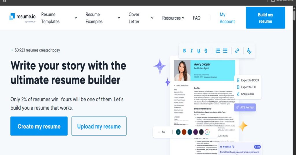 Screenshot of Resume.io resume builder interface showing resume creation tools