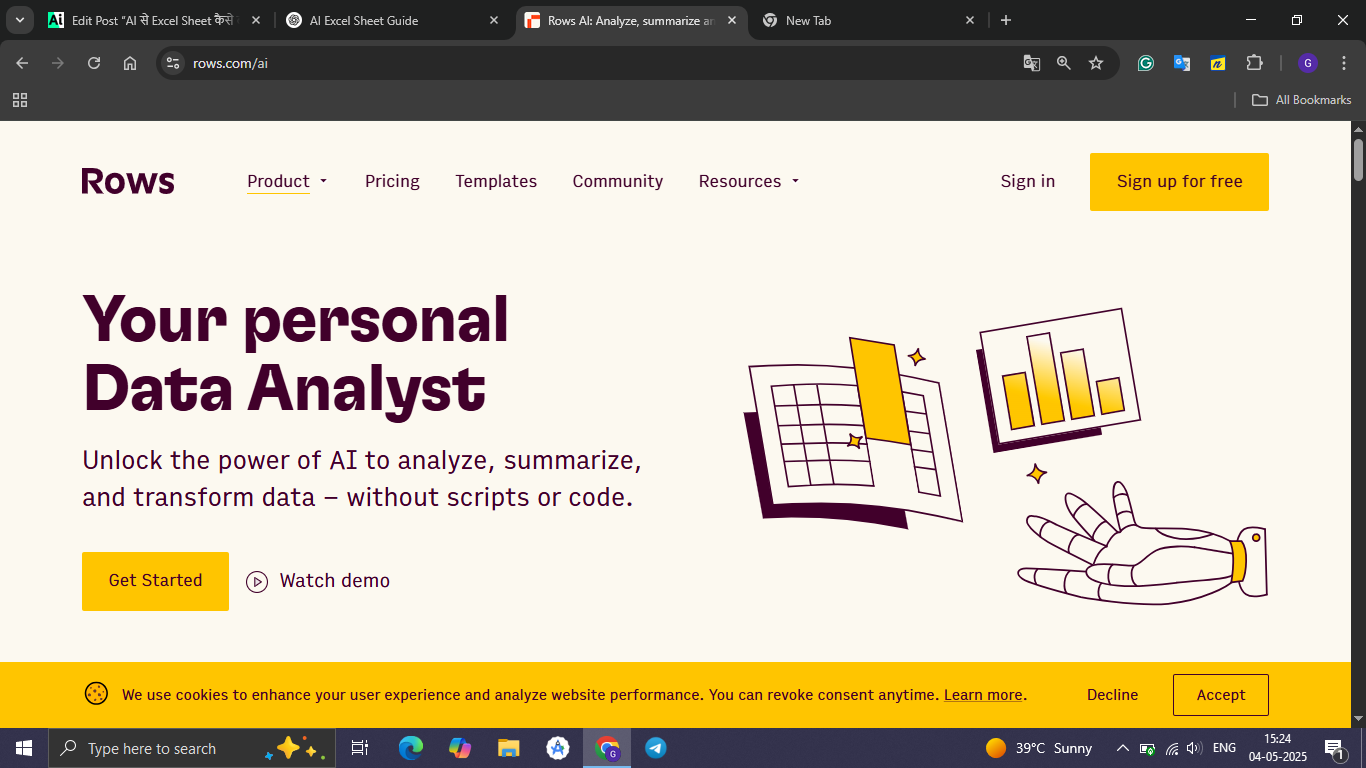 Rows AI website interface showing AI-powered data analysis tools