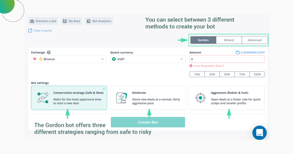 “3Commas strategy presets interface showing Gordon, Wizard, and Advanced bot options”