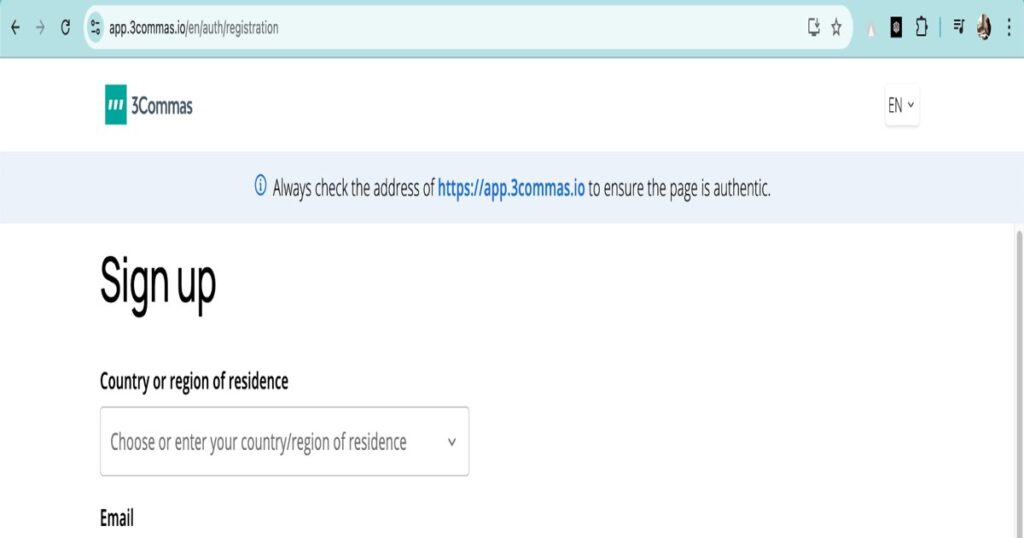 "3Commas sign-up page showing registration form for new crypto trading users"