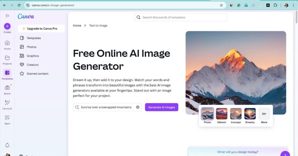 Canva AI interface showing free online AI image generator with mountain artwork