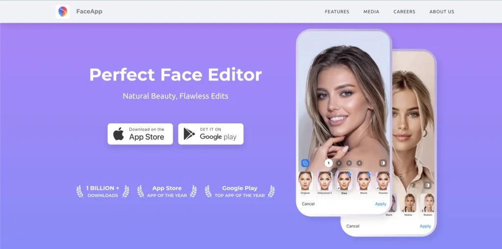 FaceApp official website showing virtual face editing and beauty filter options