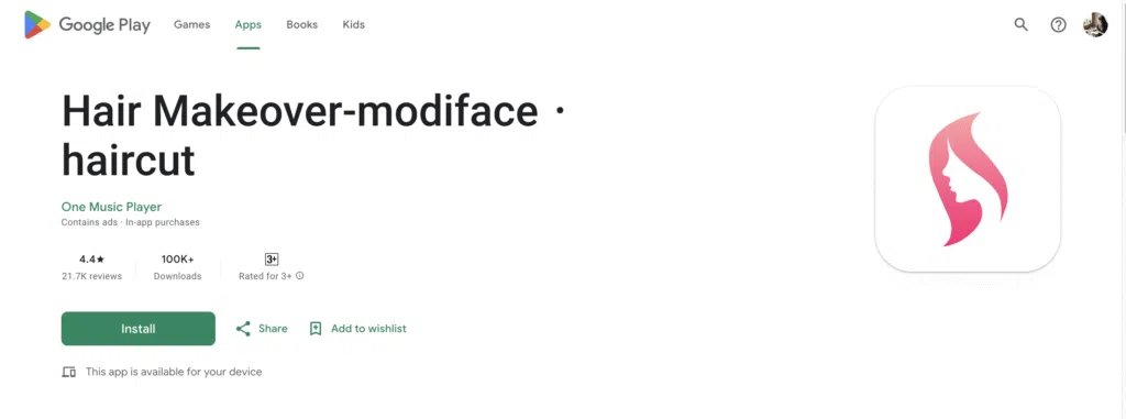 Google Play listing for ModiFace Hair Makeover and Haircut simulation app