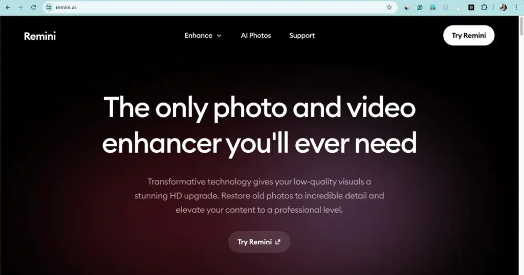 Remini App interface showing AI photo and video enhancer features