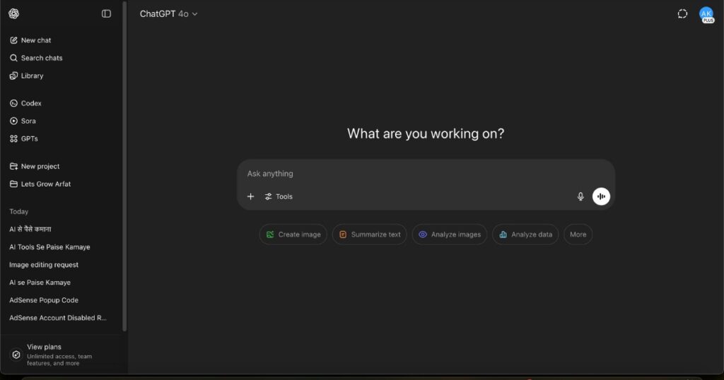 Screenshot of ChatGPT dashboard showing the user interface to start using the AI tool.
