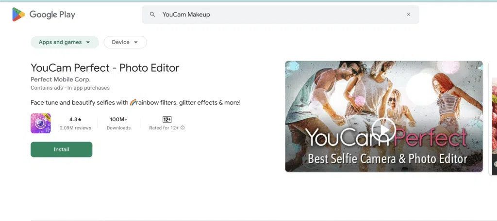 Google Play interface showing the YouCam Makeup app download page