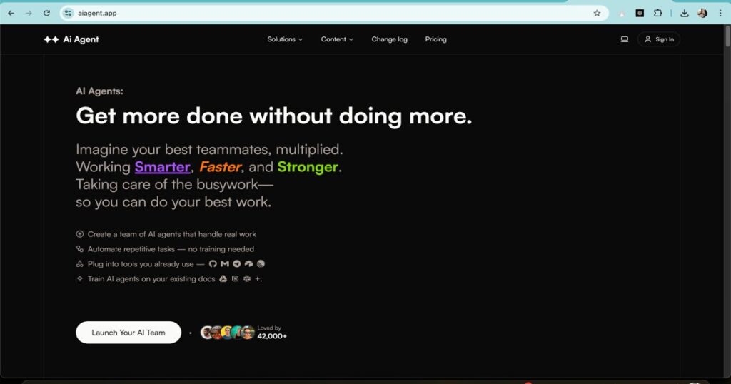 "AI Agent platform homepage explaining task automation and team productivity"