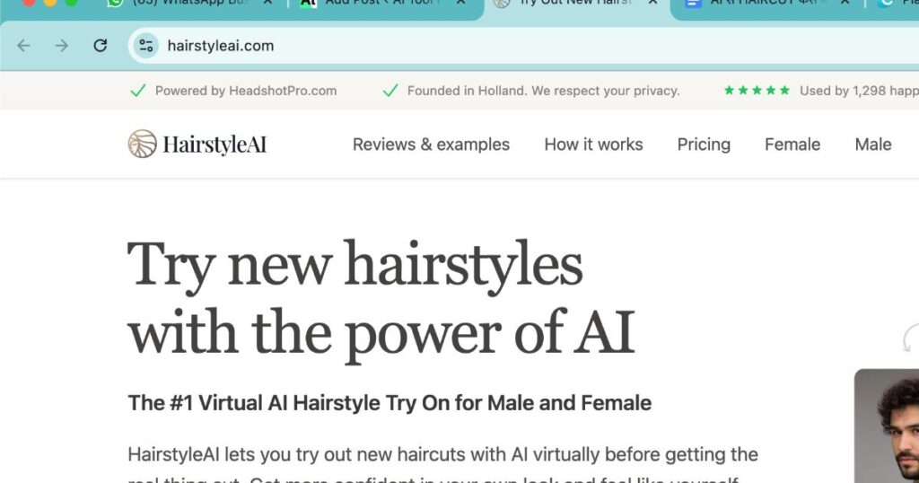 HairstyleAI website showing virtual haircut options for men and women using AI