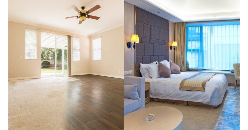 Before and after AI-generated interior design of a bedroom