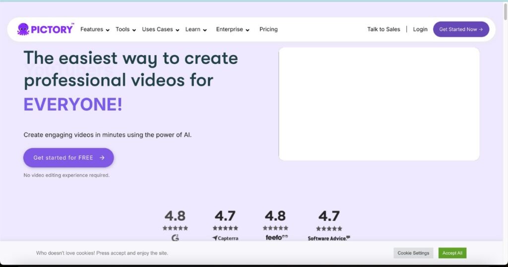 Pictory homepage showcasing AI-powered video creation platform for beginners