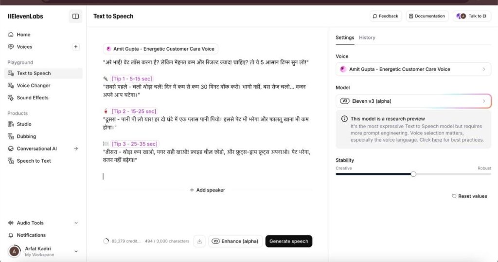 Screenshot of ElevenLabs text-to-speech interface generating Hindi voiceover