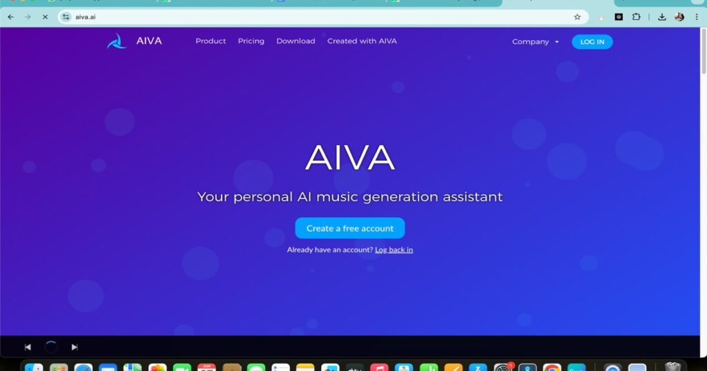 Aiva homepage showcasing AI music generation assistant for creators
