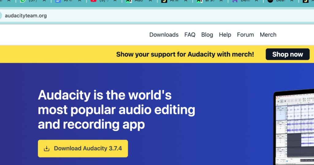 "Audacity homepage showing audio editing interface – Step 5 of AI rap song creation process"